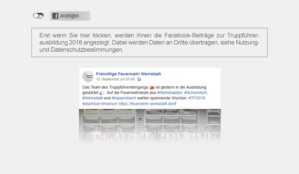 Erst wenn Sie hier klicken, werden Ihnen die Facebook- und Instagram-Beiträge zum Truppführerlehrgang angezeigt. Dabei werden Daten an Dritte übertragen, siehe Nutzung- und Datenschutzbestimmungen. Erst wenn Sie hier klicken, werden Ihnen die Facebook- und Instagram-Beiträge zum Truppführerlehrgang angezeigt. Dabei werden Daten an Dritte übertragen, siehe Nutzung- und Datenschutzbestimmungen.